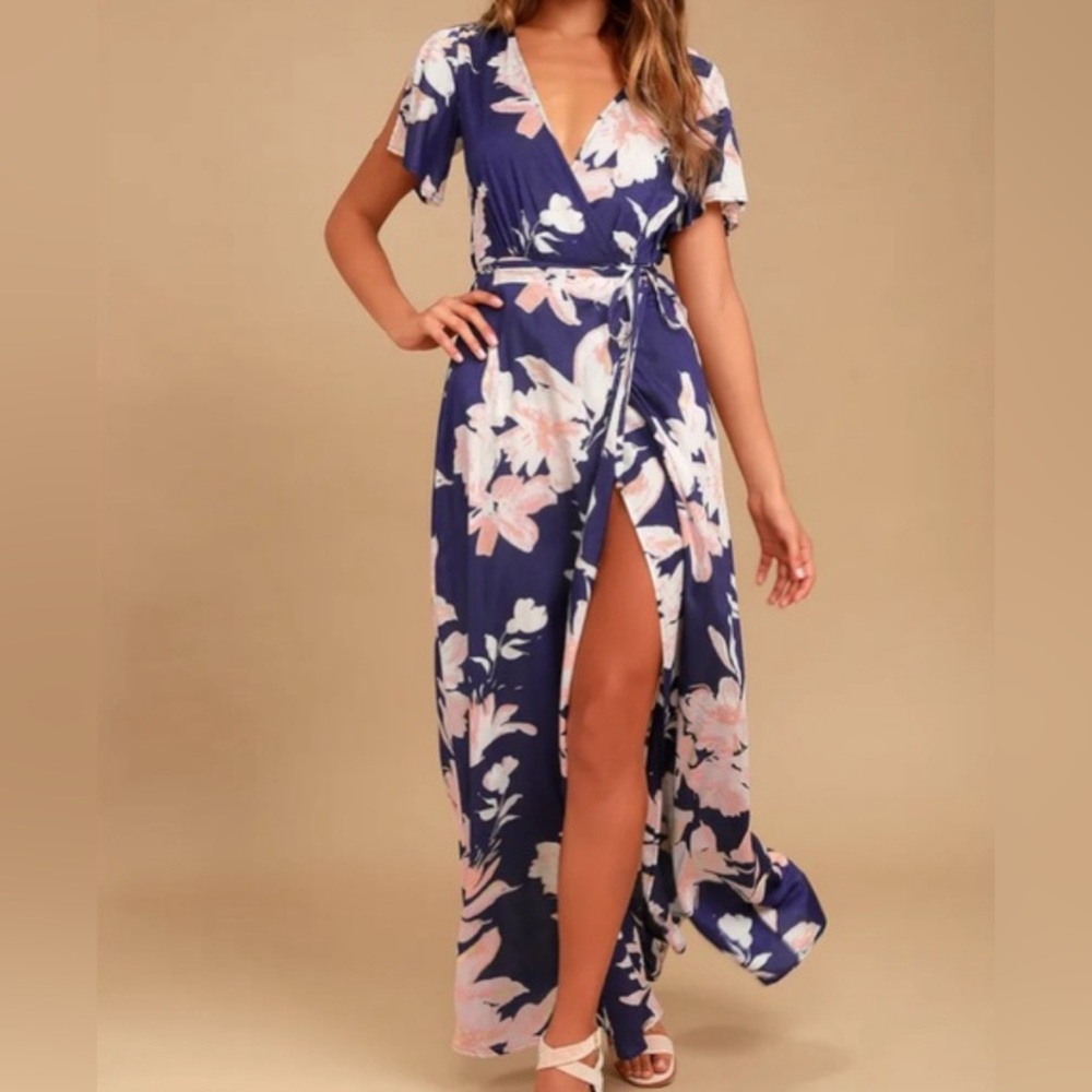 Lulu’s Azalea Regalia Navy Blue Floral Print Wrap Maxi Dress
